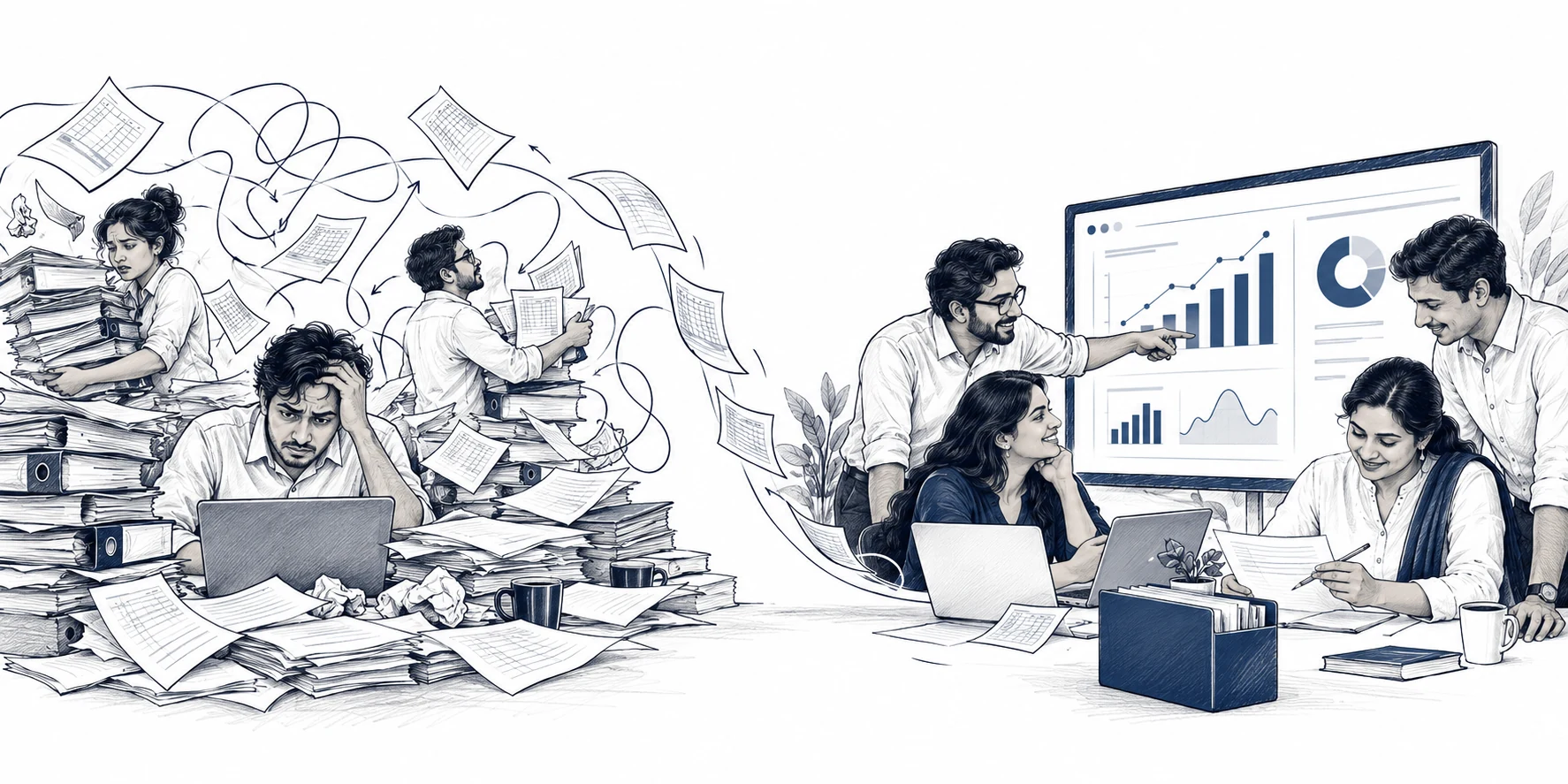 Doodle illustration of fragmented sales reporting becoming an organised workflow with a sales dashboard and human review